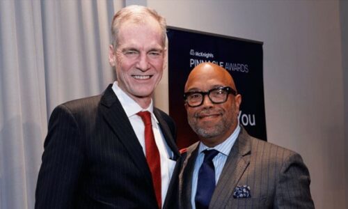 AHCA/NCAL President and CEO Mark Parkinson, left, and Senior Vice President of Government Relations Clif Porter, enjoy the 2024 McKnight’s Pinnacle Awards, where Parkinson received the Lifetime Achievement Award and Porter was named an Industry Ally. Porter will succeed Parkinson at the helm of AHCA/NCAL early next year. (Photo by Tori Soper Photography)